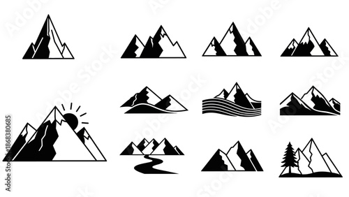 Minimalist Mountain Landscape Icons Collection Featuring Varied Peak and Terrain Designs