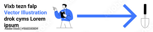 Business planning, strategy development, teamwork, process improvement, goal orientation, business tools. A man holds a clipboard, pointing at a directional arrow leading to a tool. Business planning