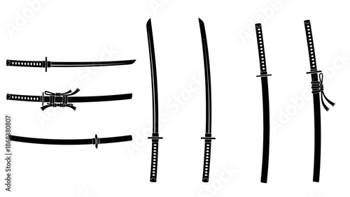 Silhouettes of Traditional Japanese Katana Swords and Scabbards Displayed Side by Side