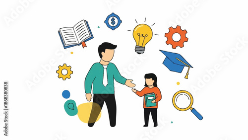 Teacher and student learning together with educational symbols.