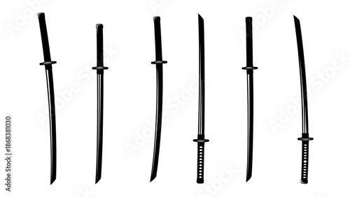 Collection of traditional Japanese swords including katana, wakizashi, and tantō in various shapes