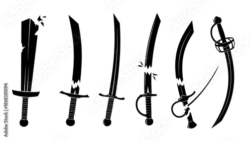 Collection of illustrated knives and a sword forming a dramatic display with diverse blade styles
