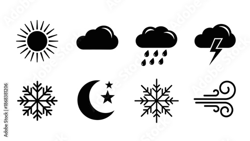 Collection of weather icons representing various atmospheric conditions including sun cloudy rain