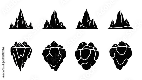 Abstract Mountain and Rock Formation Silhouettes in Minimalist Black and White Style for Design