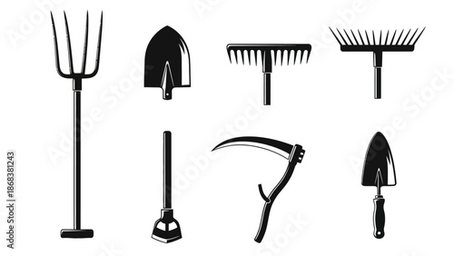Set of black silhouetted gardening tools including rake hoe shovel fork and hand trowel for