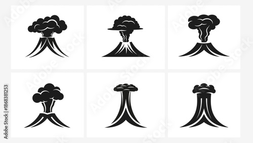 Set of six stylized black and white illustrations representing different types of volcanic