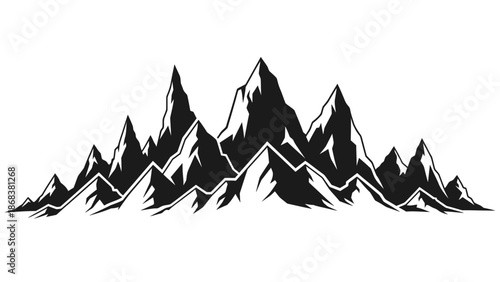 Minimalist Black and White Mountain Landscape Illustration with Sharp Peaks and Snow Caps for