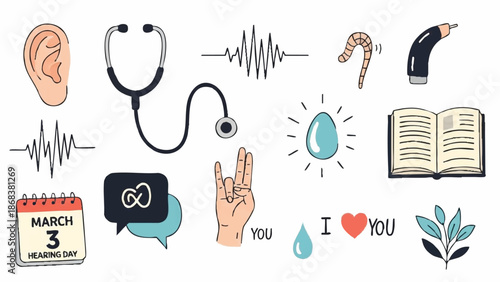 Collection of Medical and Communication Icons for Hearing Health Awareness.
