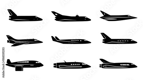 Collection of Nine Diverse Aircraft Silhouettes Showing Various Airplane Designs and Types