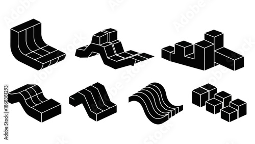Abstract geometric 3D shapes and blocks in black minimalistic design for modern visual displays