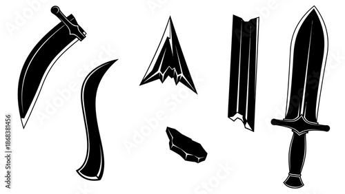 Collection of Various Types of Knives and Blades in a Monochrome Illustration