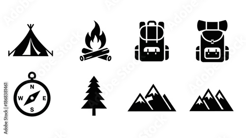 Set of black and white camping and outdoor adventure icons with tents, campfire, backpack, hiking
