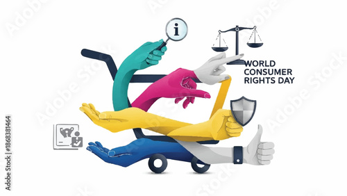 World Consumer Rights Day Celebration with Diverse Hands and Symbols.