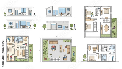 Collection of various house floor plans and elevations showcasing different architectural designs and layouts