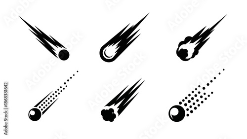 Dynamic vector illustrations of shooting stars and meteor trails in black