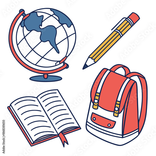 Set of school supplies including globe pencil open book and backpack, educational items for learning and studying, stationery collection for students and teachers.