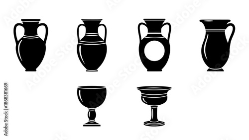 Silhouettes of various antique and vintage drinkware and vessels for cultural displays