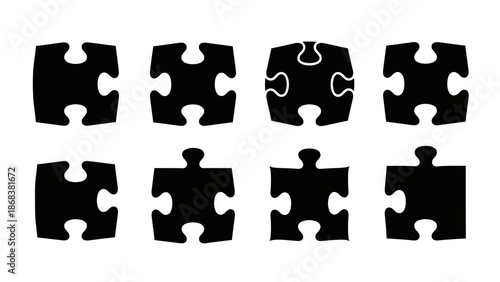 Creative black and white jigsaw puzzle pieces interconnected in a seamless pattern highlighting