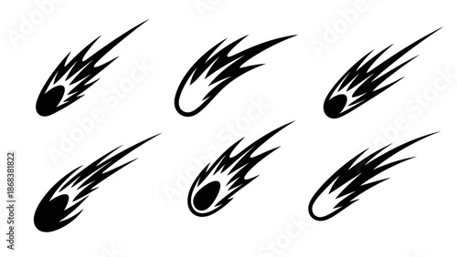 Dynamic Vector Illustrations of Meteor or Fireball Shapes in Black on White Background for Design