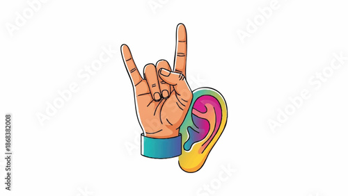 Rock On Hand Gesture and Colorful Ear Illustration.