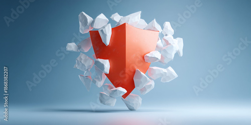 An orange triangle is being broken with some white rocks around it. It suggests the idea of destruction and overcoming obstacles