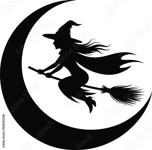 Witch flying on broomstick with crescent moon
