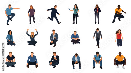 A diverse group of people engaging in various yoga and stretching exercises in different poses