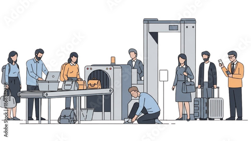 People undergoing security screening at an airport checkpoint with metal detectors and scanners