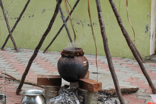 Setup of typical Tamil harvest festival with cooking pots and sugarcane decoration, celebrating gratitude to the Sun God, nature, and farm animals.