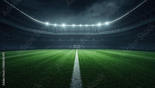 Professional soccer stadium illuminated at night without crowd representing competition and sports infrastructure