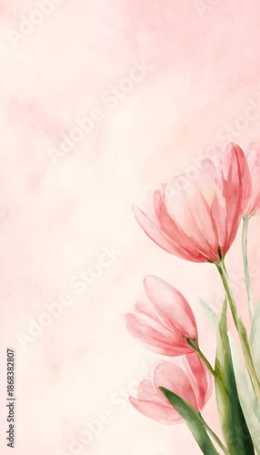 Pink tulips watercolor illustration soft pastel background artistic floral design for banners editorial use