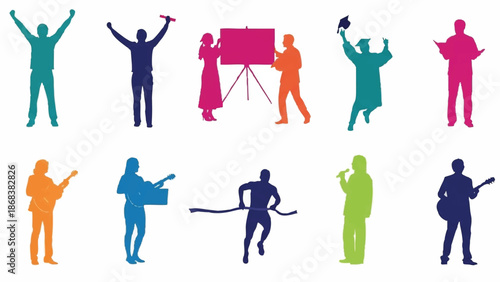 Diverse Silhouettes of People Celebrating and Performing Activities.
