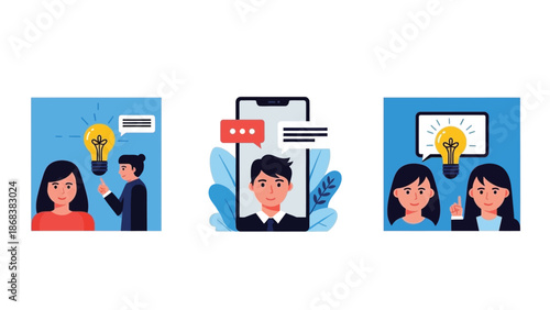 Online business meeting and idea sharing concept with people communicating via smartphone and discussing lightbulb concepts in flat design illustration