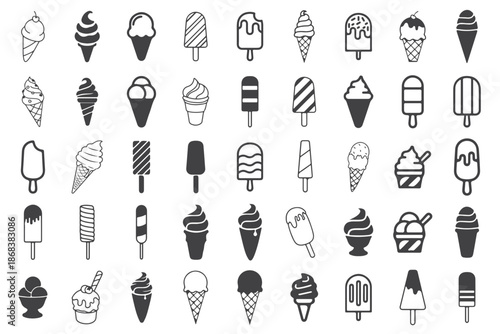 A diverse collection of ice cream and popsicle icons featuring various shapes and styles