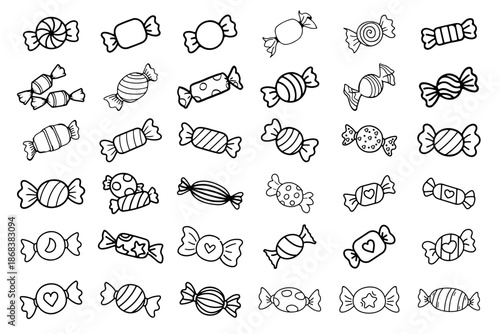 Hand drawn outline set of sweet candies with different wrapper designs, confectionery doodles