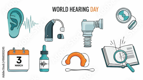 World Hearing Day Medical Devices and Symbols Illustration.