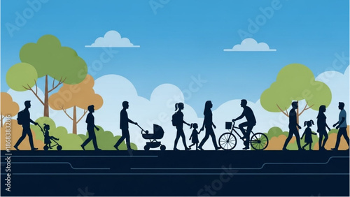 People walking and cycling along a scenic path in a park on a sunny day