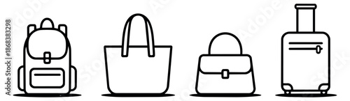 Outline bags and luggage set featuring a backpack, a tote bag, a handbag, and a suitcase for travel and daily use