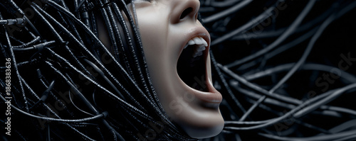 A person expressing intense emotion, a close up of a face with mouth wide open