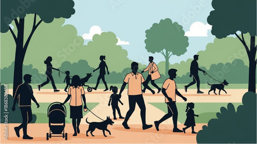 People walking dogs and strolling with strollers in a serene park surrounded by lush green trees on a sunny day