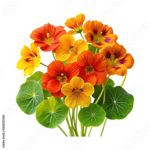 Wallpaper Mural A vibrant bouquet of nasturtium flowers with leaves on a white background Torontodigital.ca