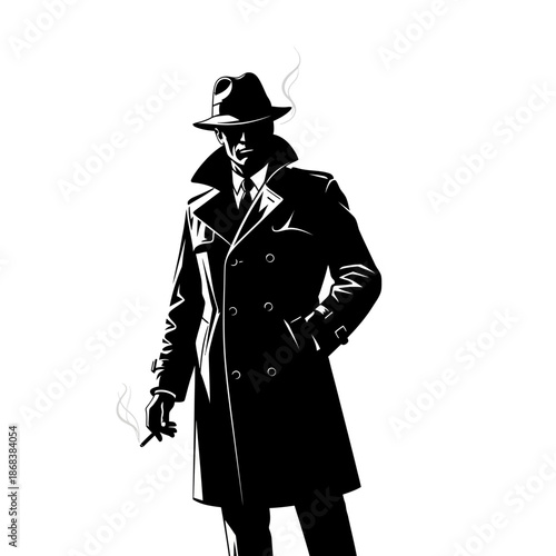 Classic Film Noir Detective Smoking a Cigarette in Dramatic Silhouette.