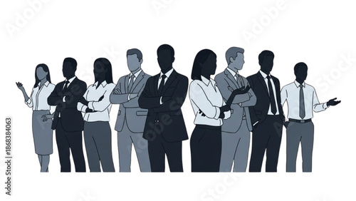 Diverse group of professionals standing together in a modern office environment, viewed from the front