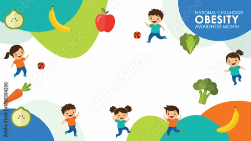 Children playing with healthy food items promoting active lifestyle.