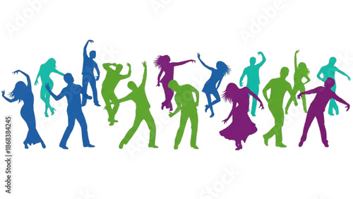 Vibrant silhouettes of diverse people dancing together in a lively, colorful scene.