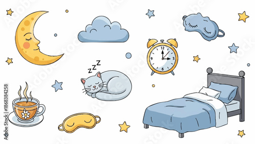 Cute Sleeping Cat Moon and Bed Illustration.