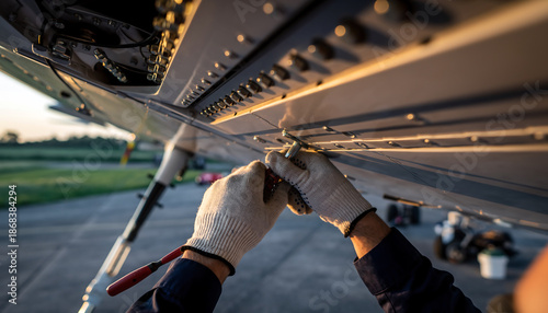 Close-up of a technician's gloved hands performing maintenance on an aircraft wing, showing detailed metal structure and rivets.