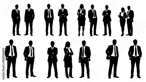 Collection of business professionals in various poses and attire, standing alone or in groups, captured in a simple, monochromatic illustration style