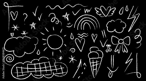 Abstract Childish Chalk Outline Icon Bundle. White Scribble Outline Collection. Imperfect Irregular Stroke Element Set. Childish Funny School Graphic Card or Banner Decoration. 