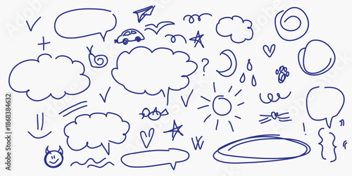 Abstract Childish Weather Outline Icon Bundle. Blue Scribble Line Collection. Imperfect Irregular Stroke Element Set. Childish Funny School Graphic Card or Banner Decoration